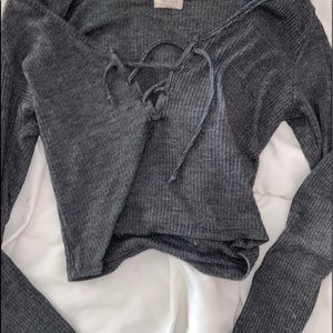 Long sleeved crop top ribbed tie up women’s shirt